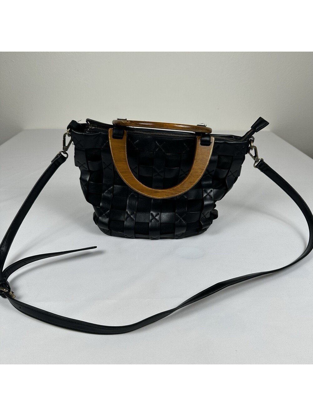 by Anthropologie Black Woven Leather Bag Wood Handle Crossbody Bucket Boho 80s